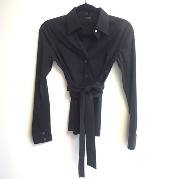 THEORY Black Button Front Tie Waist Blouse Shirt XS - Picture 2 of 9